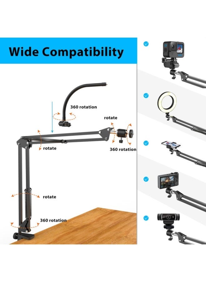 Overhead Camera Mount with Ring Light, Flexible Articulating Phone Arm Stand Compatible with iPhone, Logitech Webcam, Desk Tripod for YouTube Live Stream Cooking Nail Video Recording, USB - Image 3